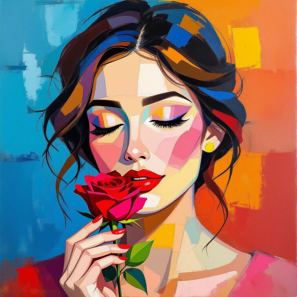 Dreamlike Portrait of Woman with Rose as Impressionist Oil