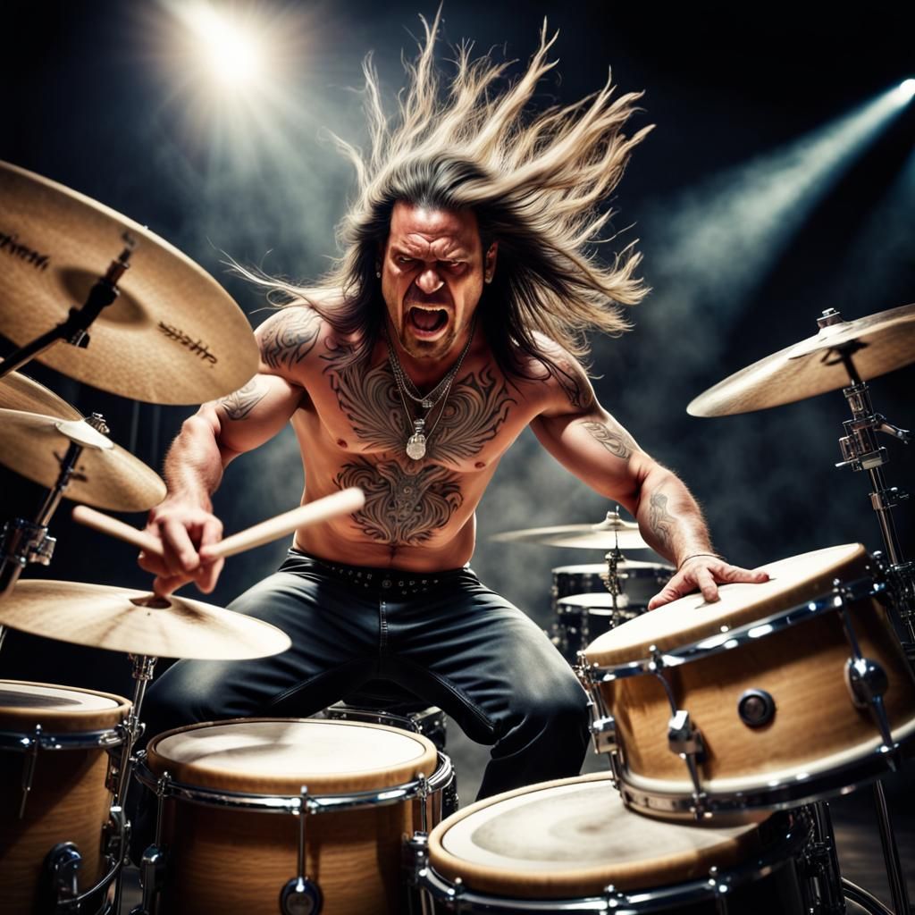 A heavy metal rock star performing an epic drum solo.