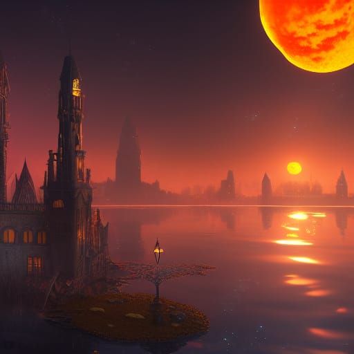 Halloween City Reflected Under Orange Moon, Digital Painting