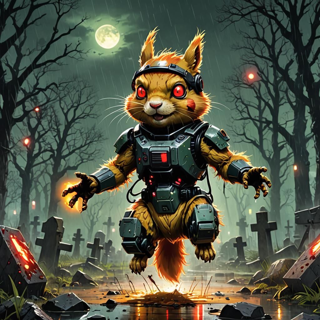 Sad Ginger Robot Squirrel in Stormy Anime Landscape