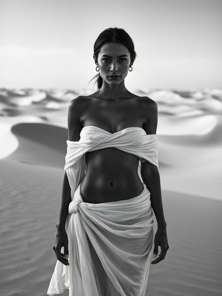 Desert Woman in Flowing Fabric: Gritty Black and White Photo...