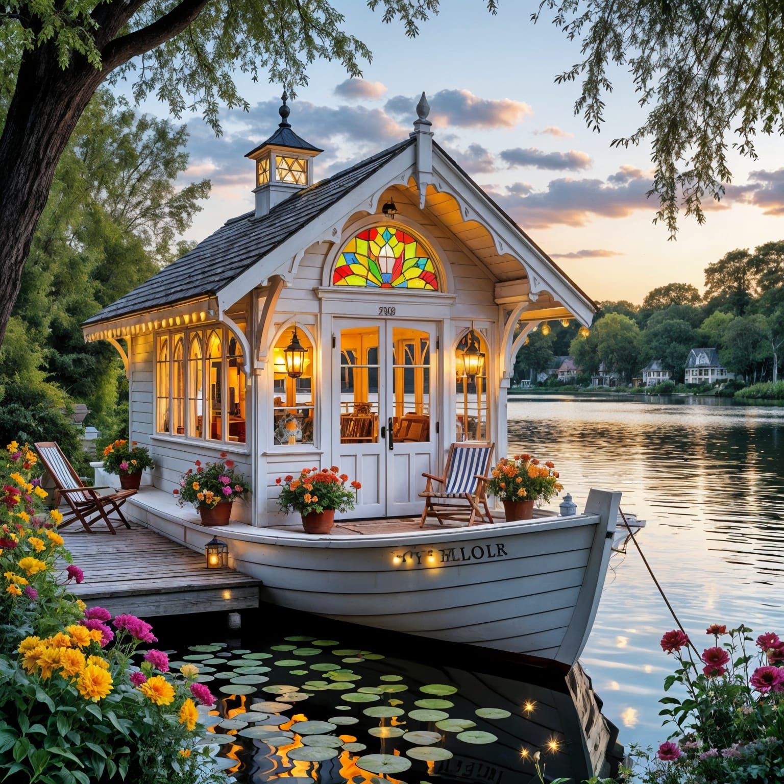 Enchanted Boathouse on Lake at Sunset