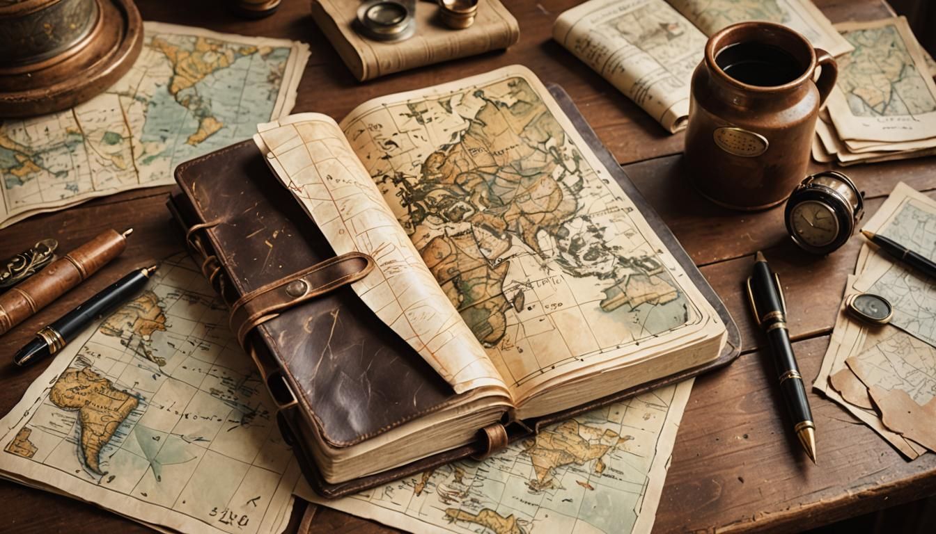 Ethereal Still Life: Leather Journal with Vintage Maps