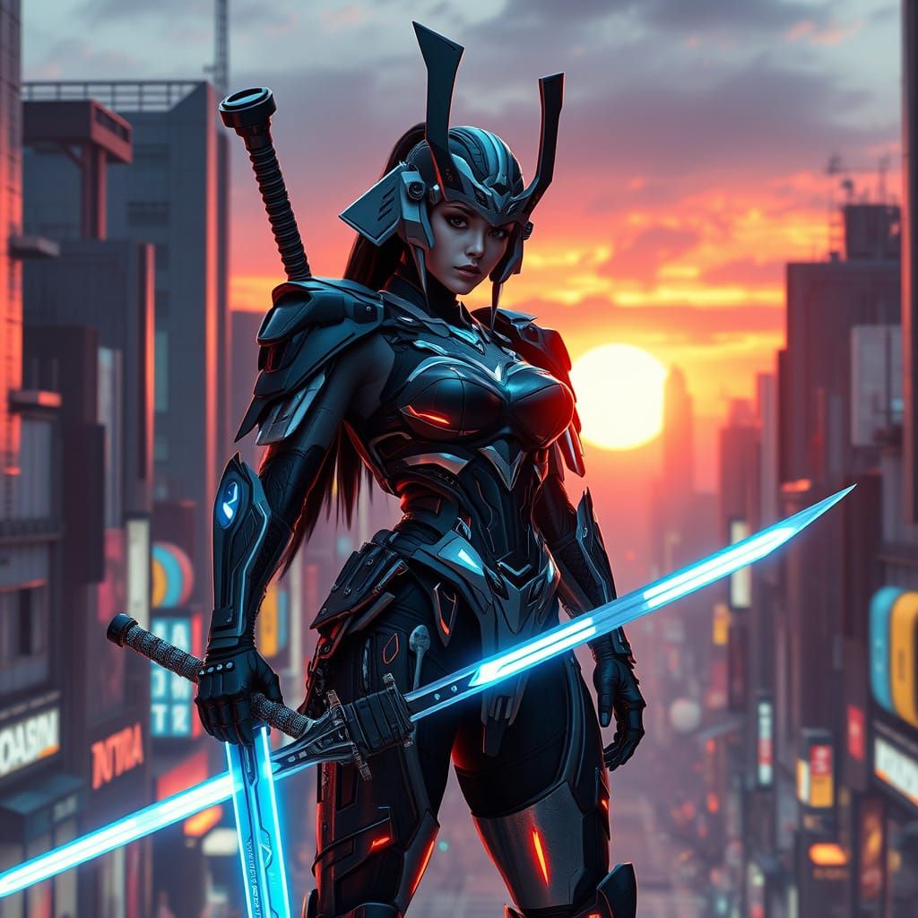 Cybernetic Female Samurai in Dystopian Tokyo