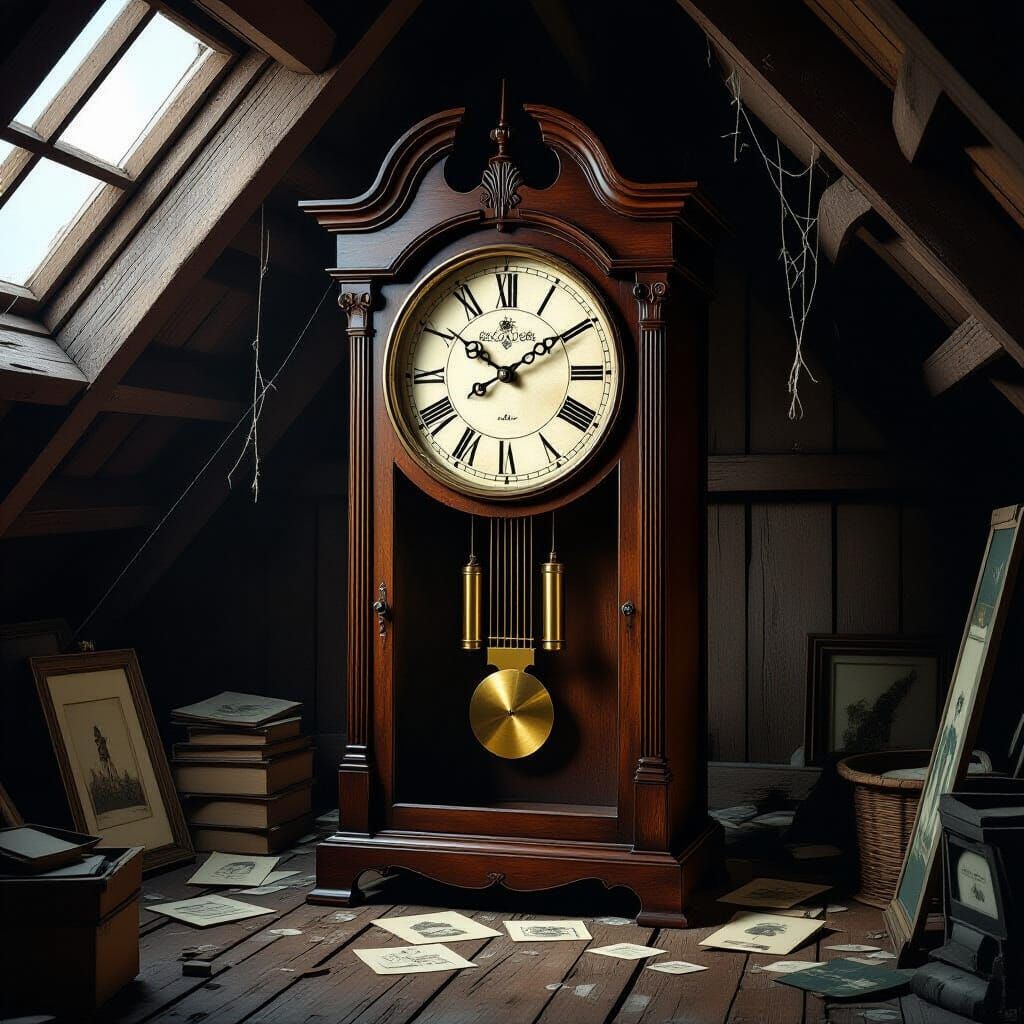 Whimsical Antique Grandfather Clock in Dusty Attic