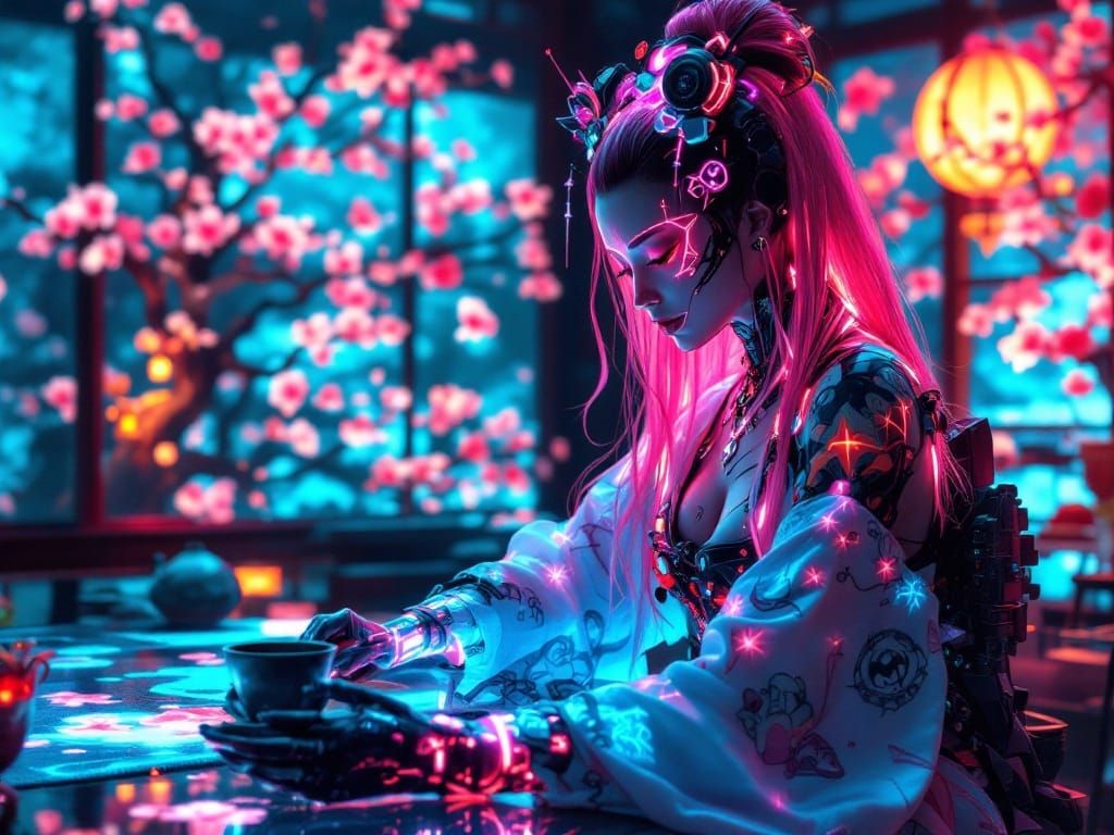 Cyberpunk Geisha Playing Shamisen in Neon Teahouse