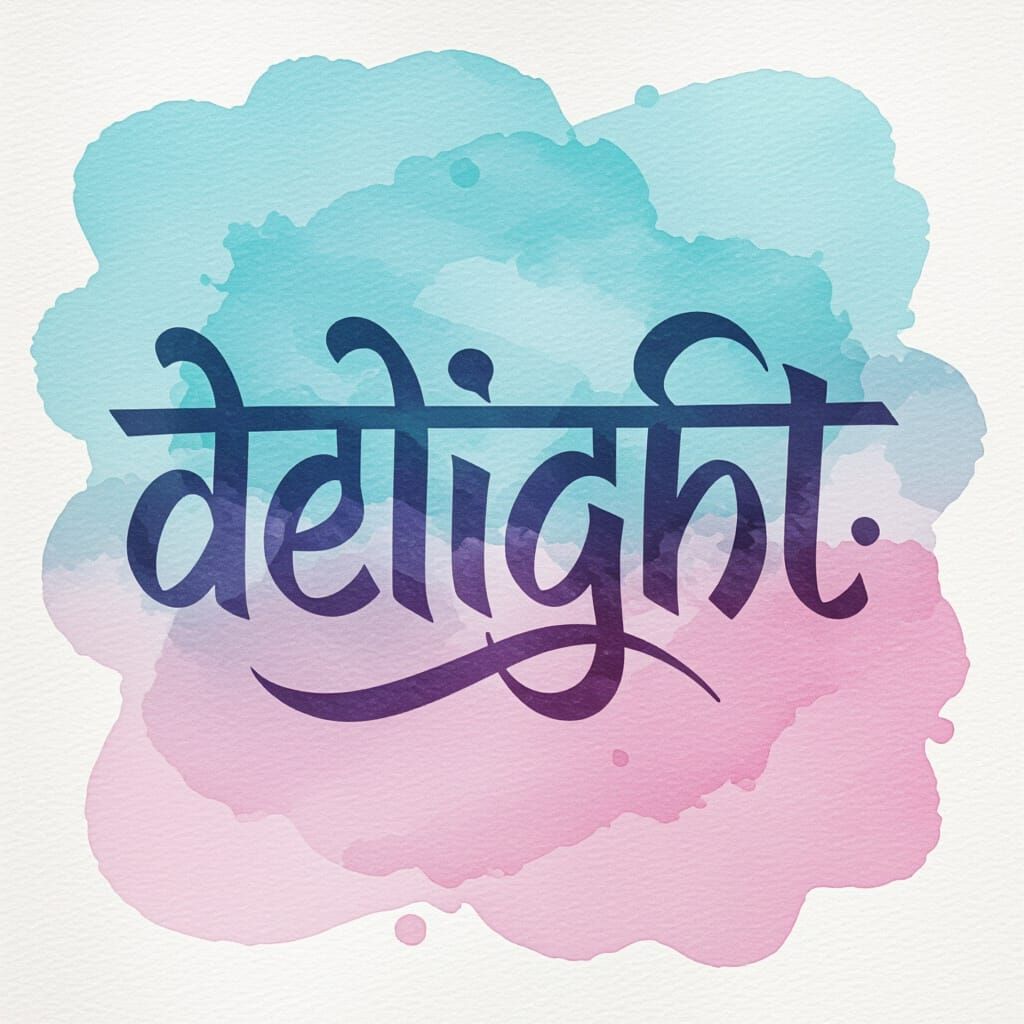 An artwork with the text "Delight". The letters are in a Devanagari-influenced calligraphy style. Watercolor background,...