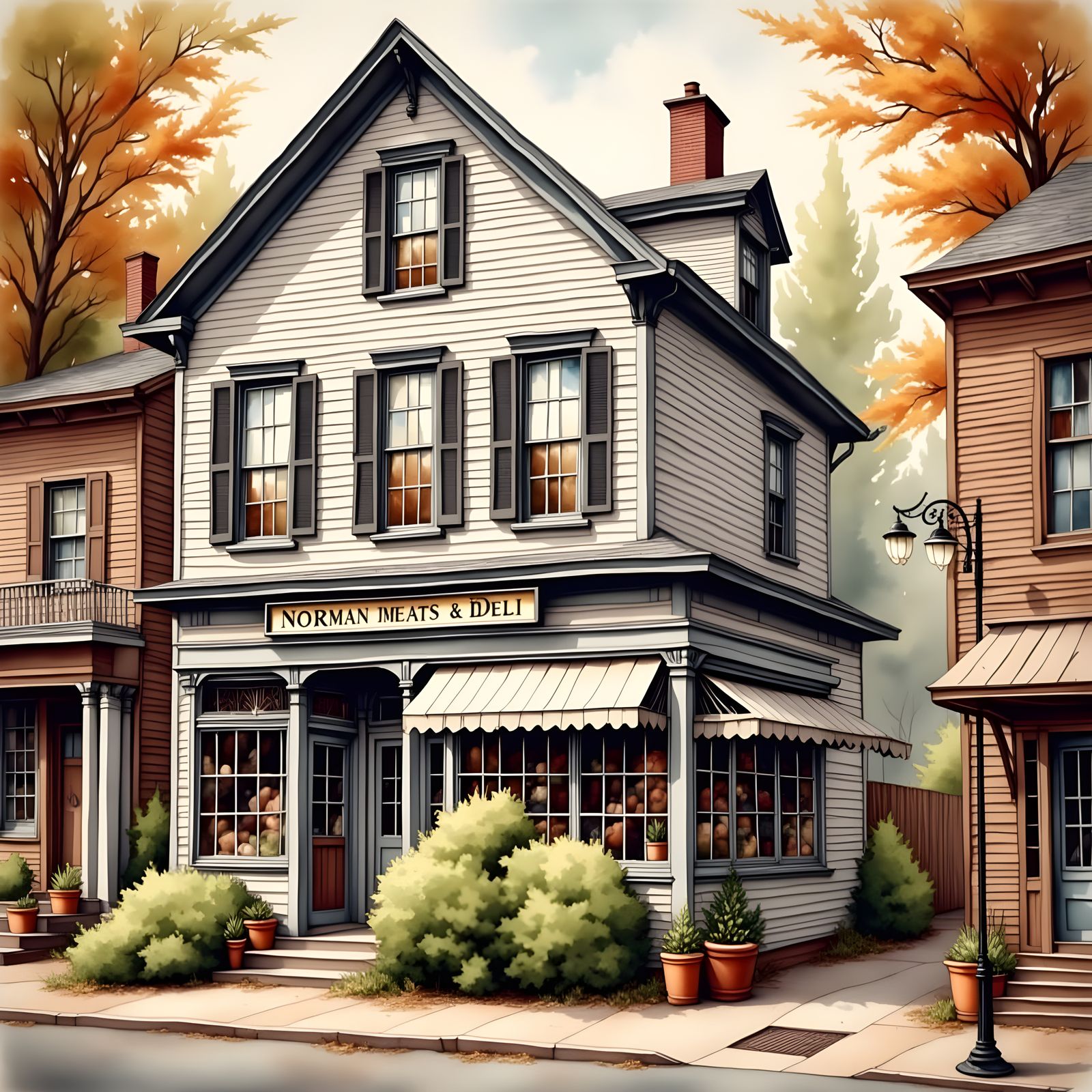 Charming Small-Town Deli Scene in Antique Watercolor Style