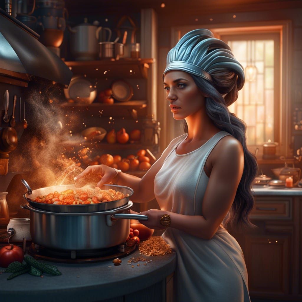 Athena Goddess Cooks in Hyperrealistic Kitchen