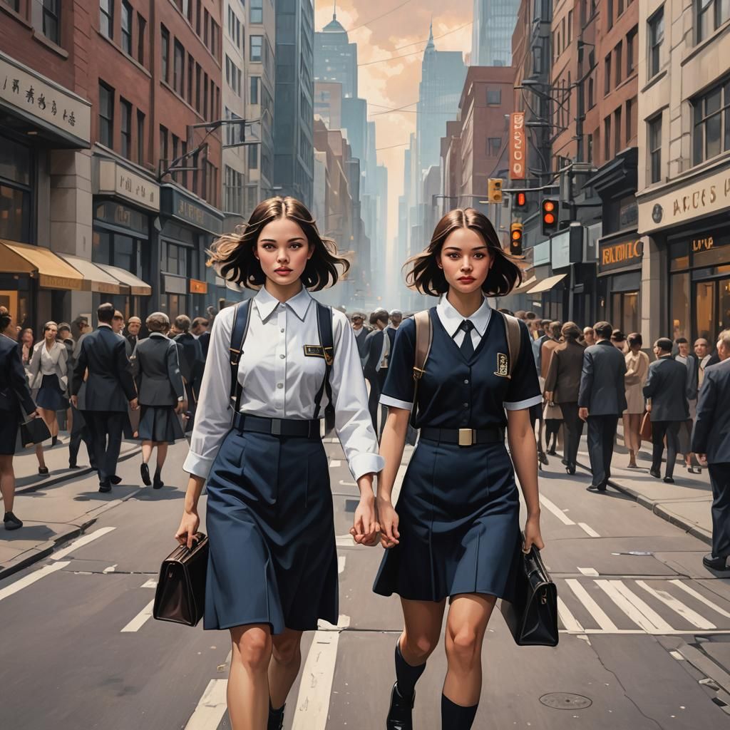 Schoolgirls in City Street, Art Deco Style