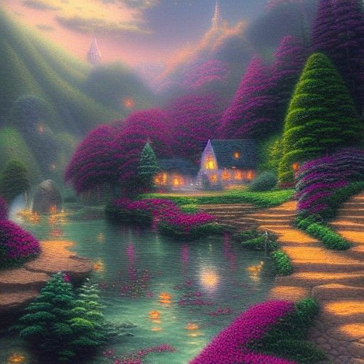 Ethereal Pichu in Dreamy Kinkade Landscape