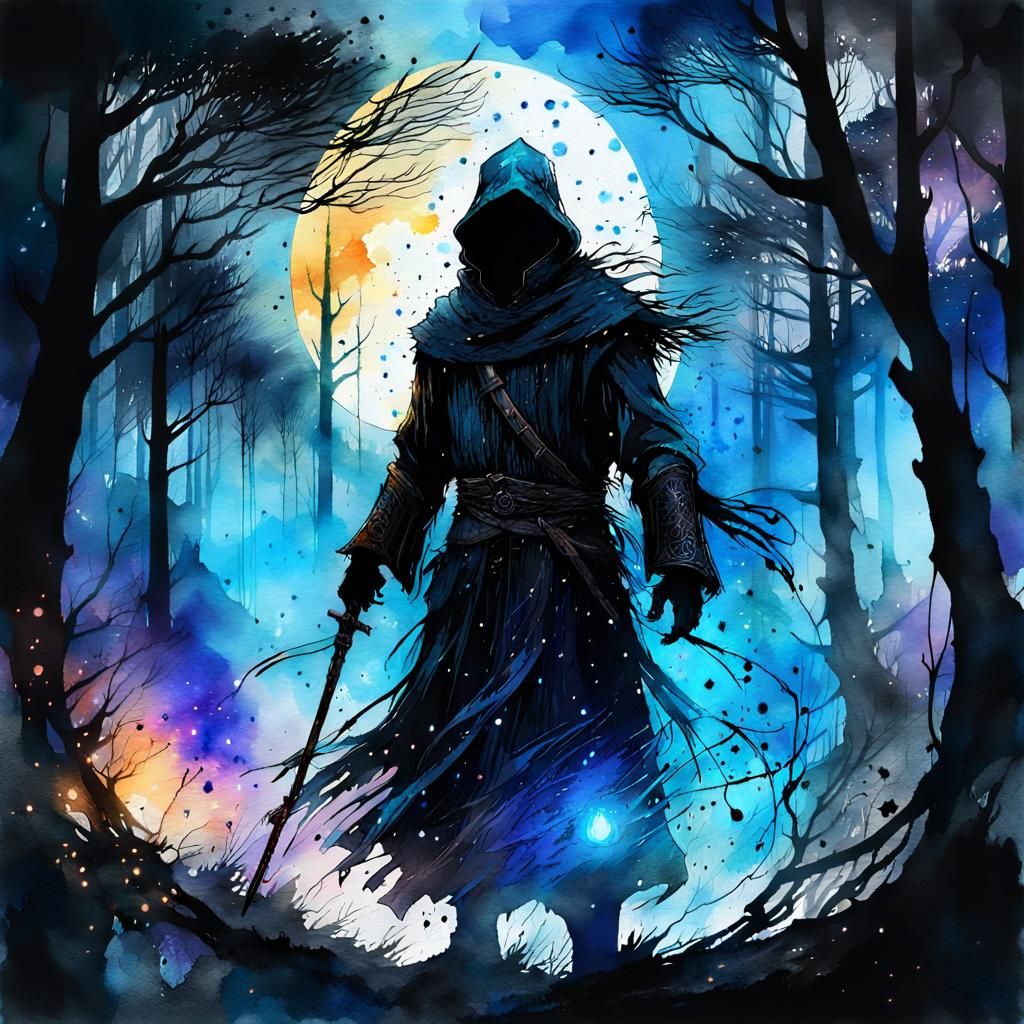 Epic Wizard Silhouette in Dark Forest
