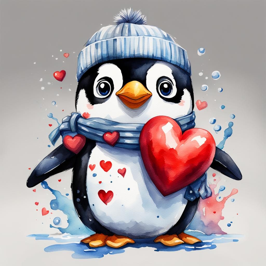 Watercolor Plush Penguin with Red Heart