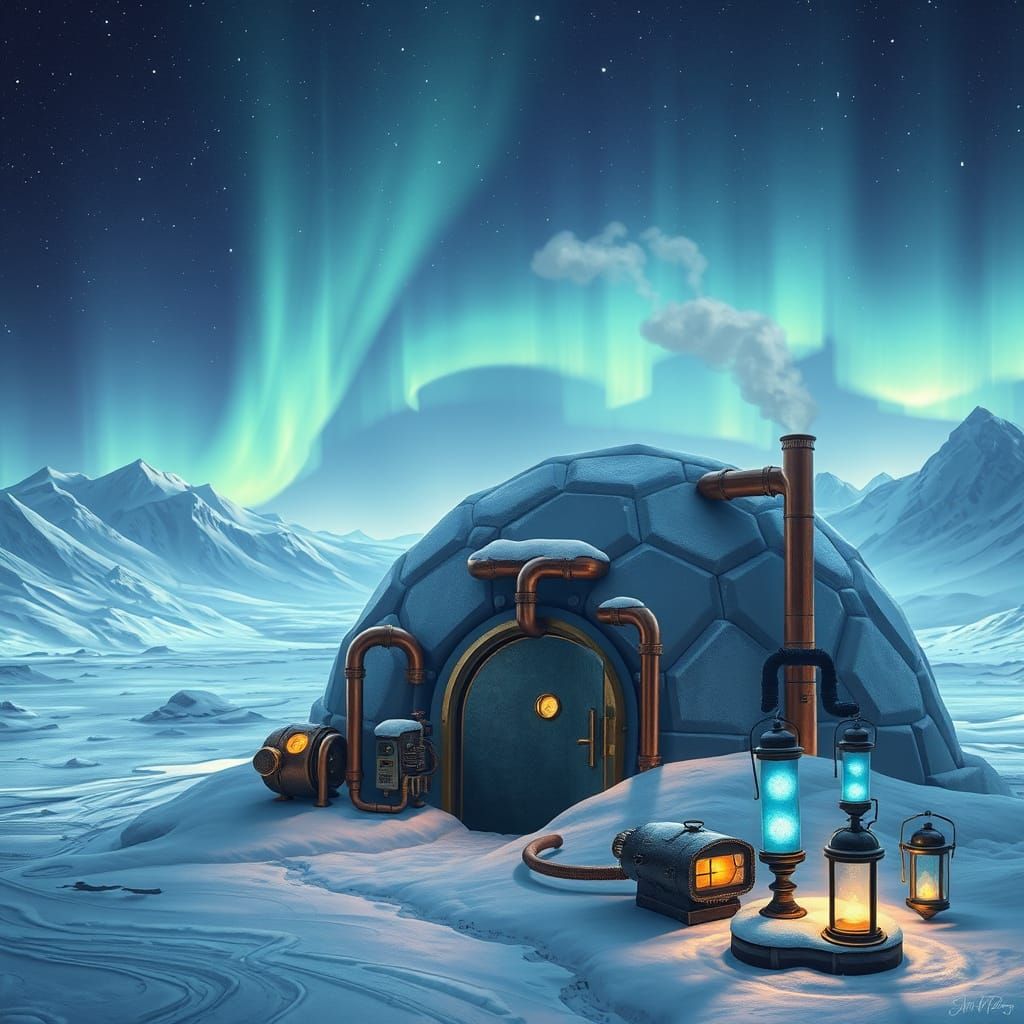 Futuristic Arctic Dreamscape with Steampunk Igloo and Northe...