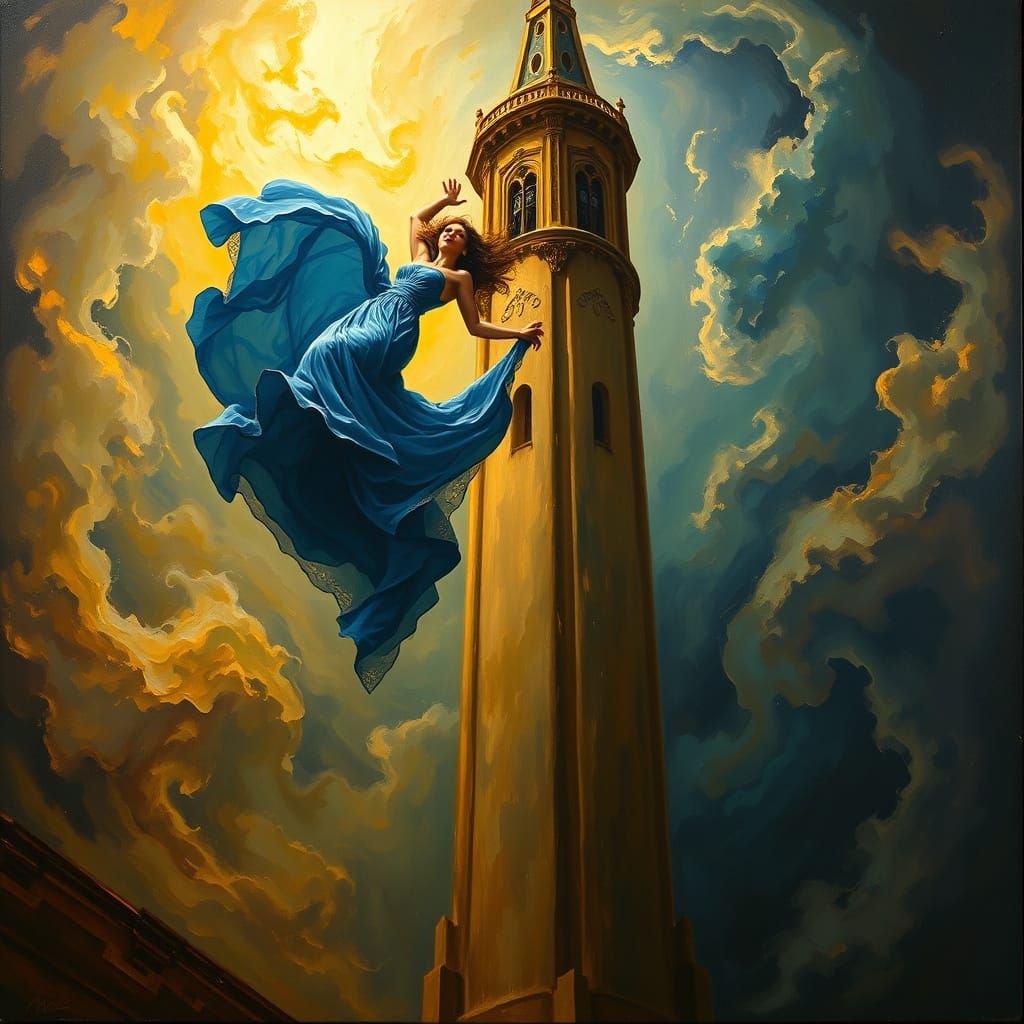Woman Diving From Ornate Tower in Symbolist Oil Painting