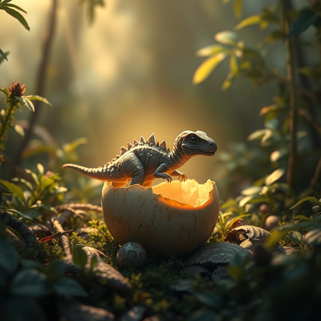 Miniature Dinosaur Emerges from Egg in Primeval Forest