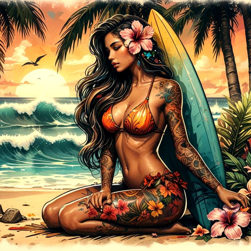 Vibrant Beach Scene with Hula, Surfboard, and Hibiscus