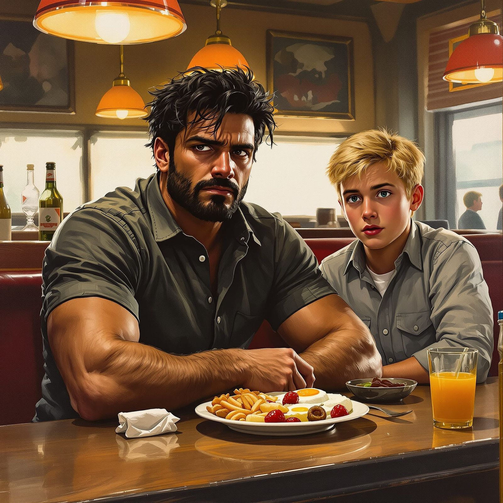 Rugged Man and Apprentice in a Warmly Lit Diner