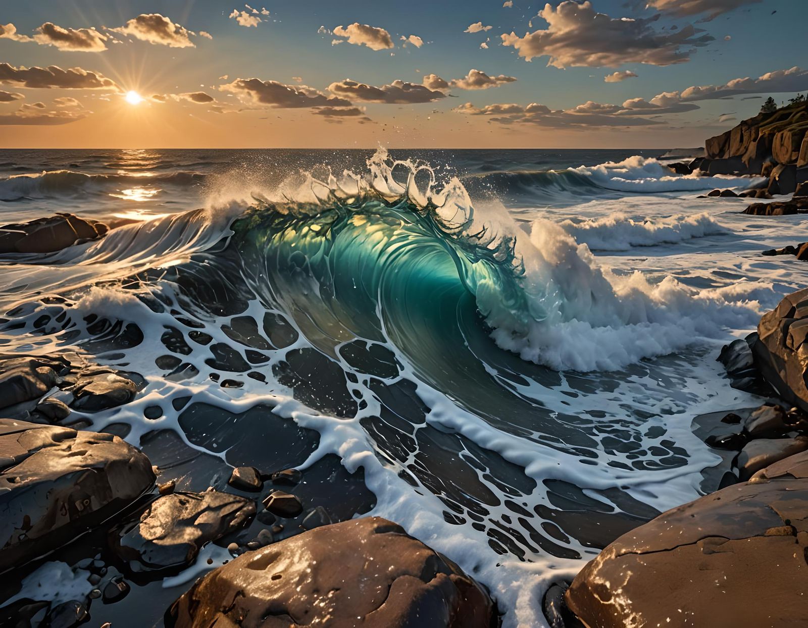 Ocean wave crashing on the rocky shore.