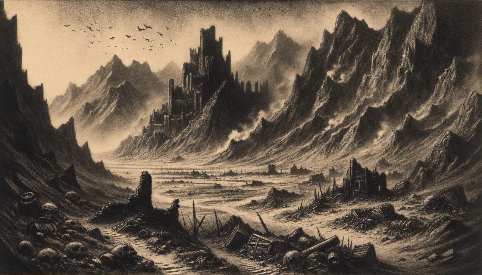 Charcoal Drawing of Forgotten Battlefield in Mountains