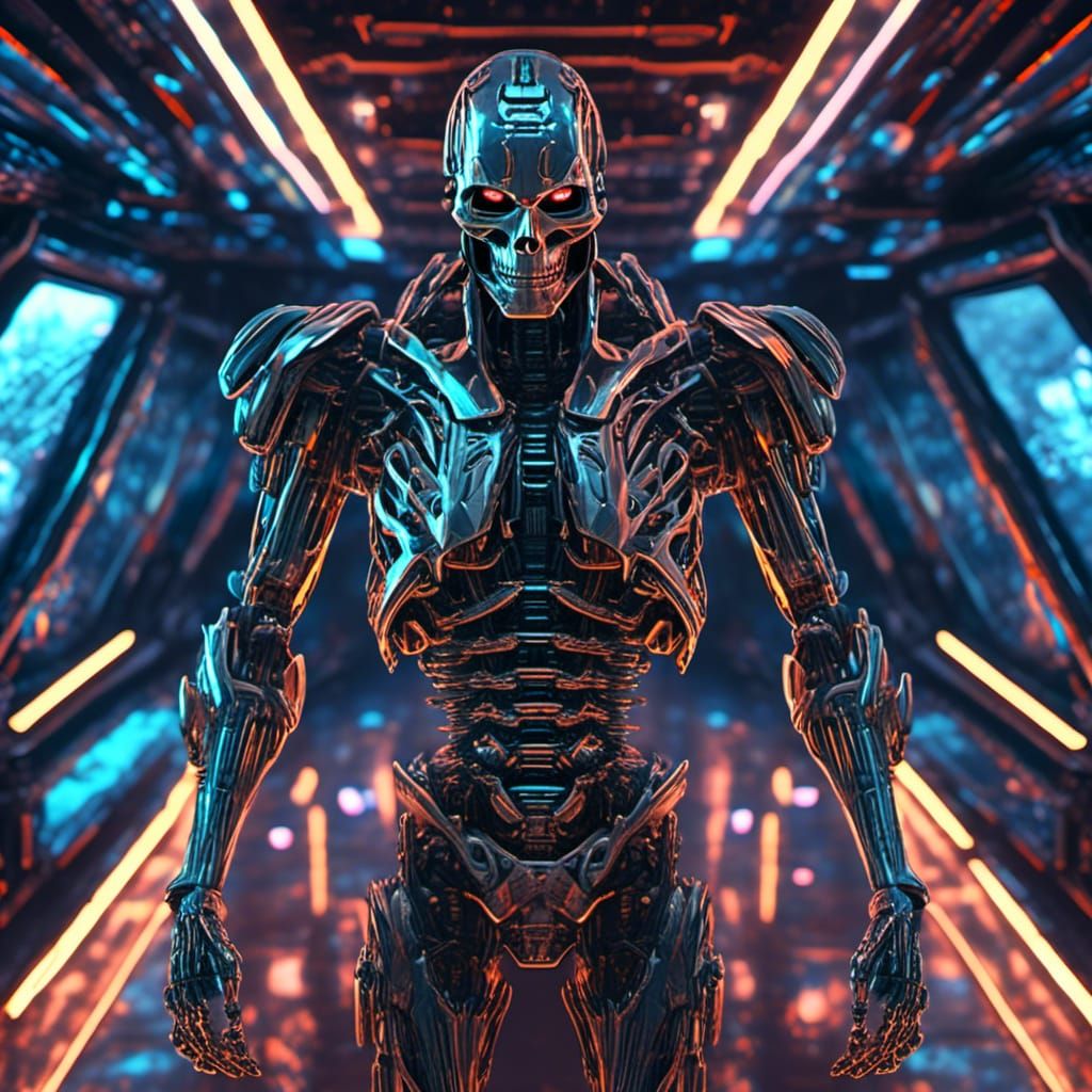Hyperrealistic Cyborg in Spaceship with Neon Reflections