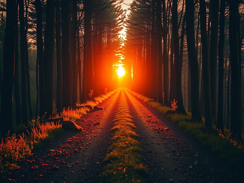 Warm Sunlight on Forest Path in Photorealistic Style