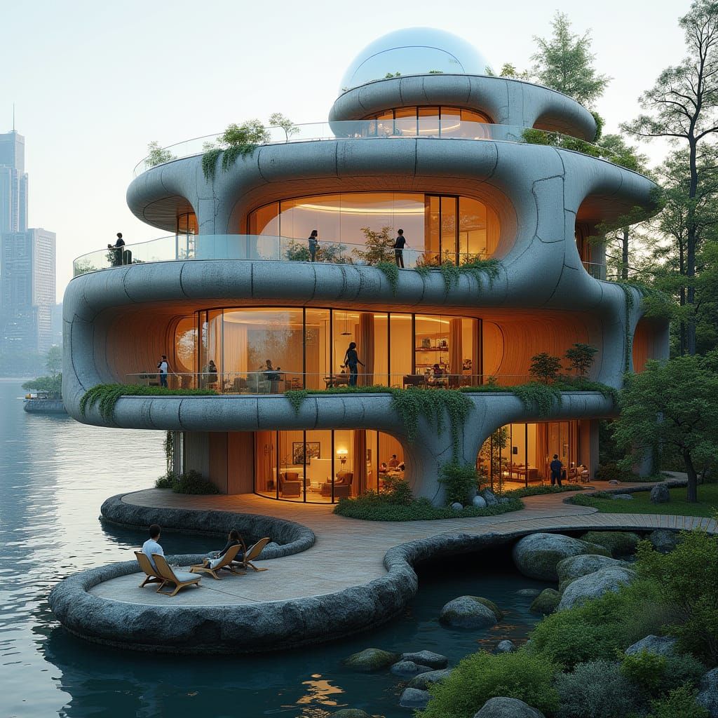 Futuristic Wave Building with Timber and Concrete