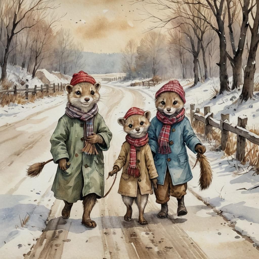 Weasels on a Snowy Road: Watercolor Illustration