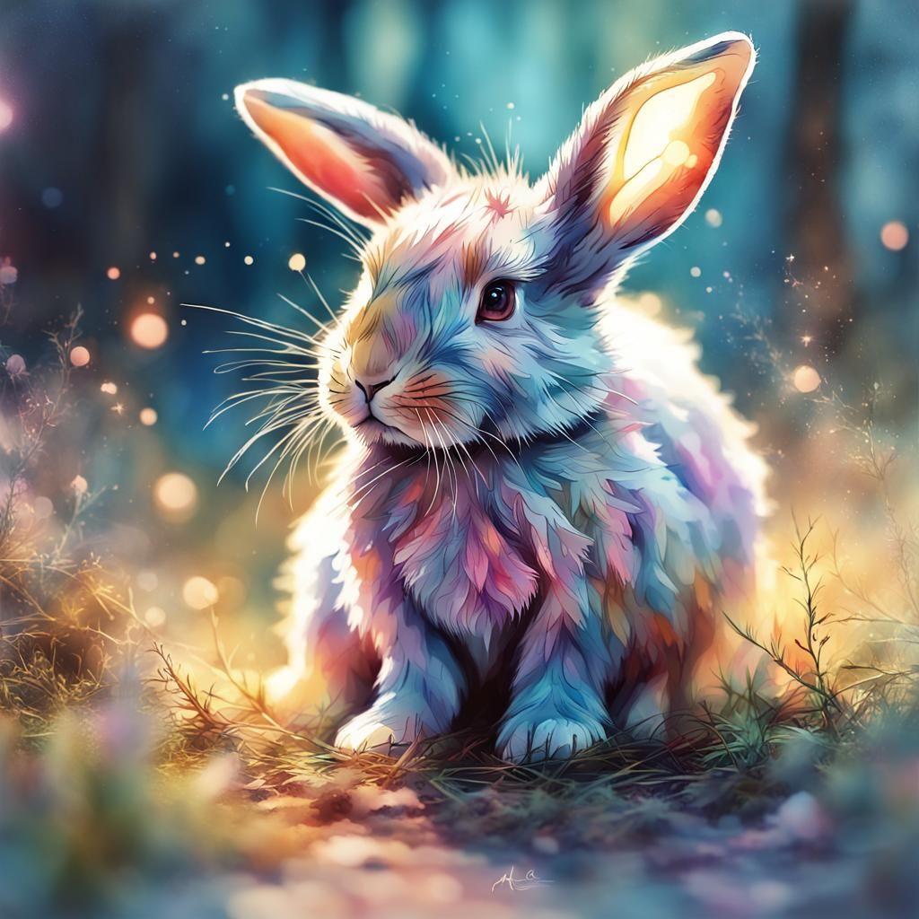 Cute Bunny in Luminous Forest: Watercolor Art