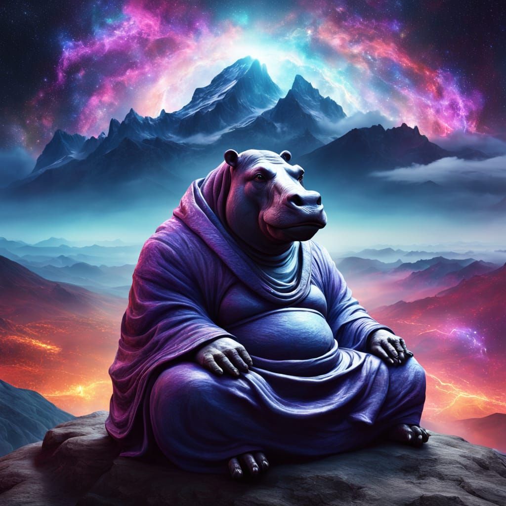 Cosmic Hippo Monk Meditating Amidst Starry Mountains