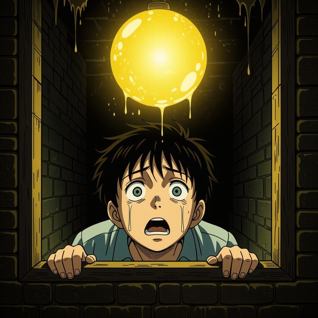 Terrified Face Against Cellar Glass in Manga Style