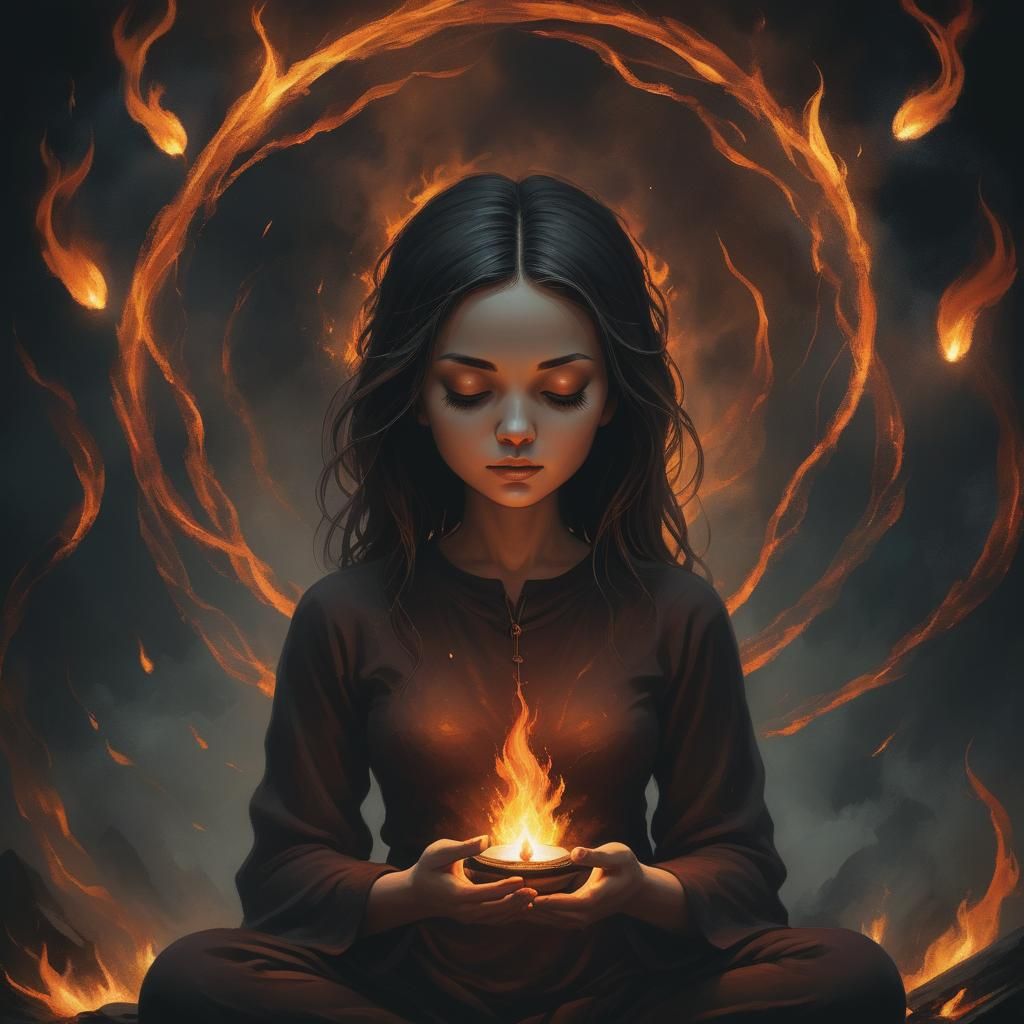 Meditating Woman Surrounded by Fire, Surreal Close-up