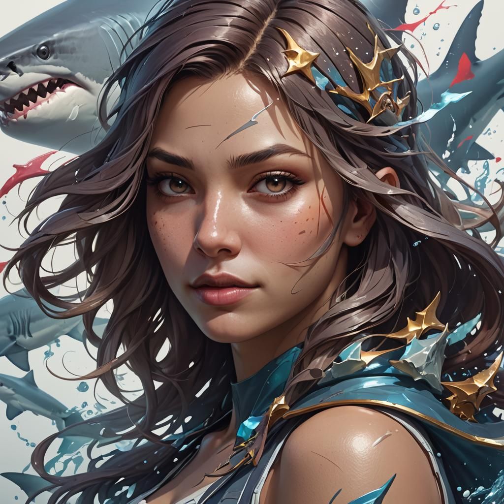 Shark Girl Superstar Portrait in Art Nouveau Style