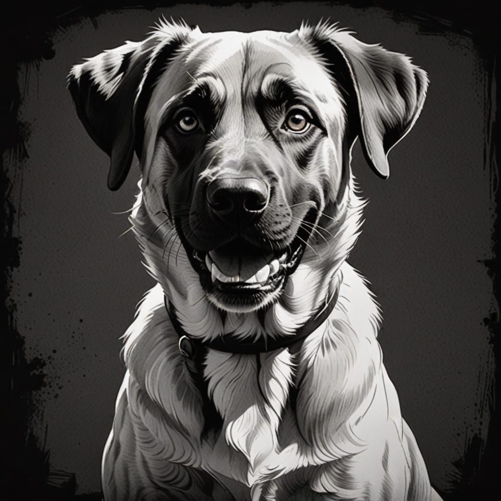 Happy Anatolian Shepherd in Charcoal Portrait