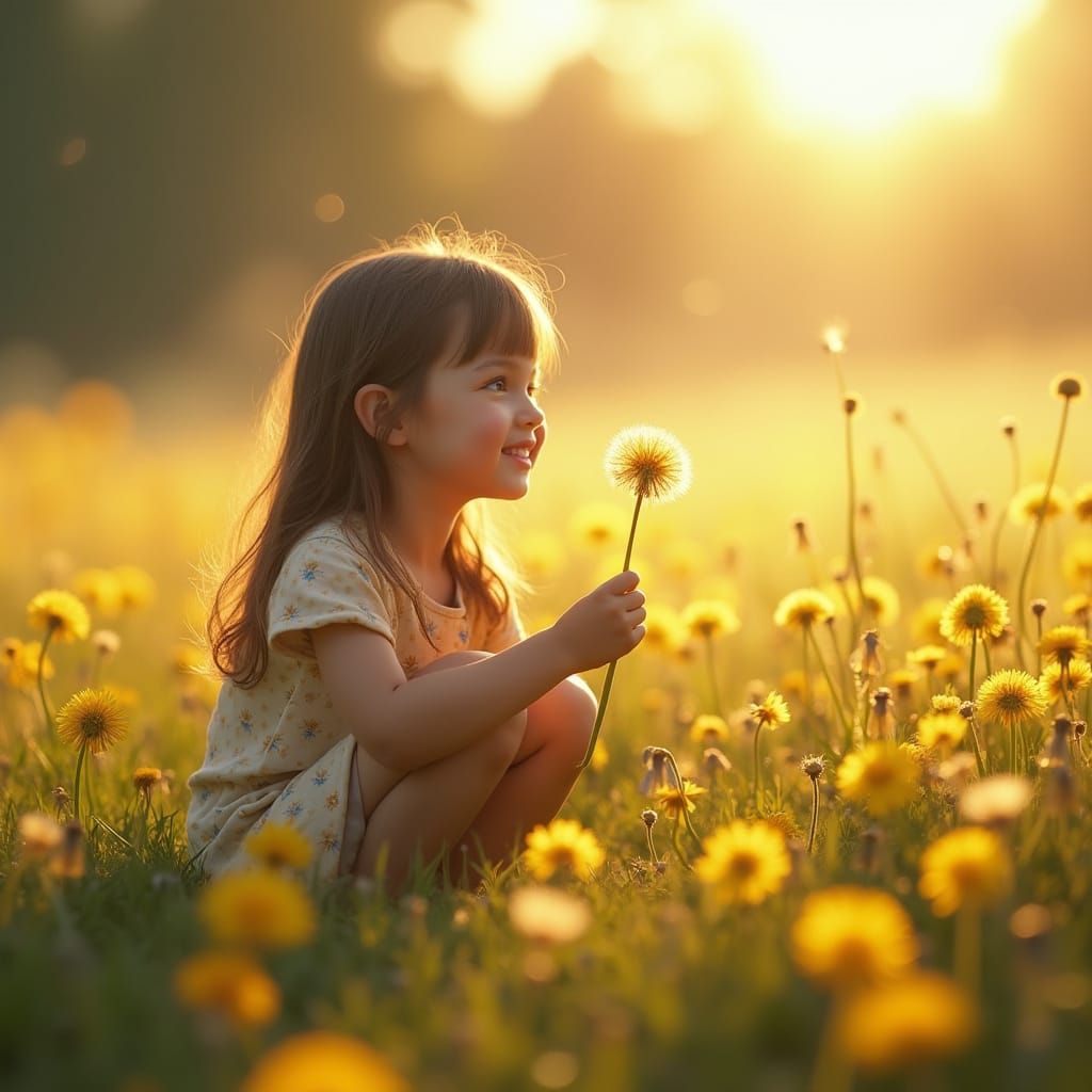 Girl Admires Dandelion in Golden Hour Field