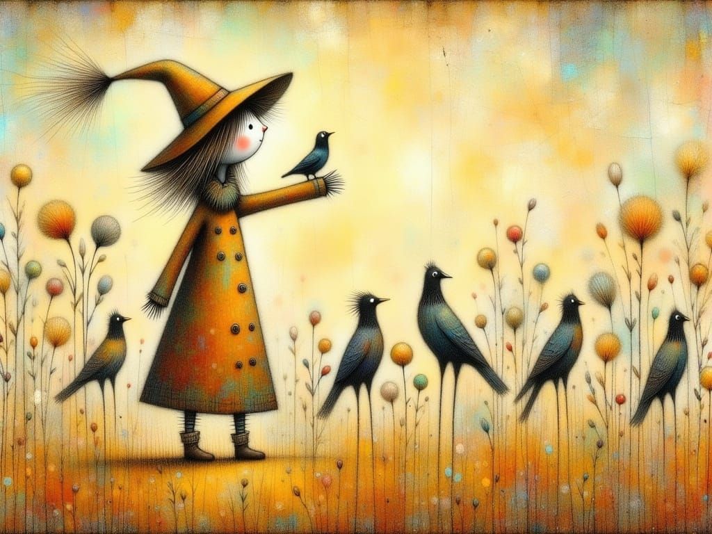 Whimsical Scarecrow Feeds Ravens in Cozy Village