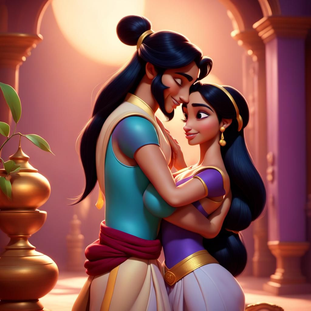 Jasmine and Aladdin Embrace: 3D Digital Art