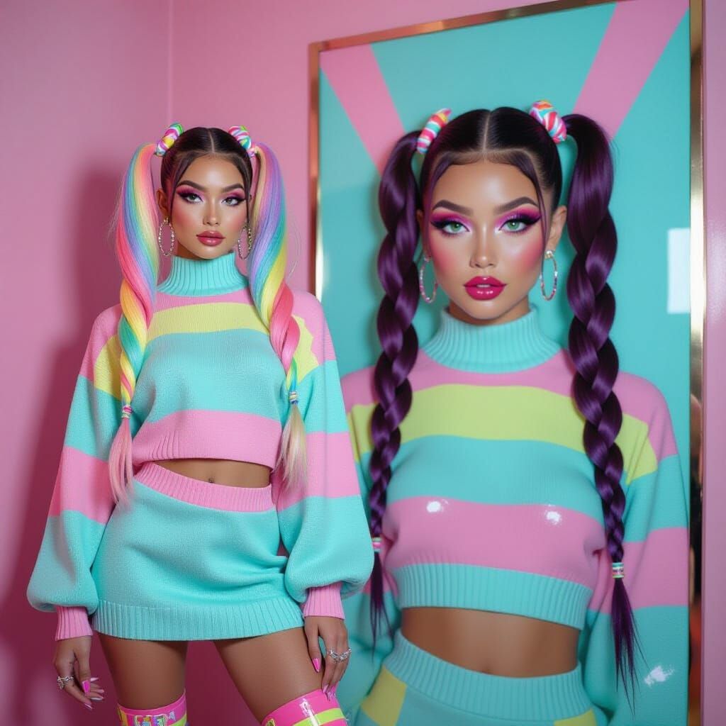 Woman in Latex Mini-Dress with Rainbow Ponytails