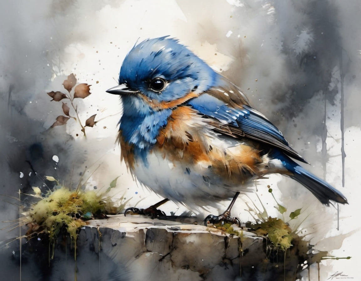 Ethereal Watercolor Portrait of a Little Bluebird