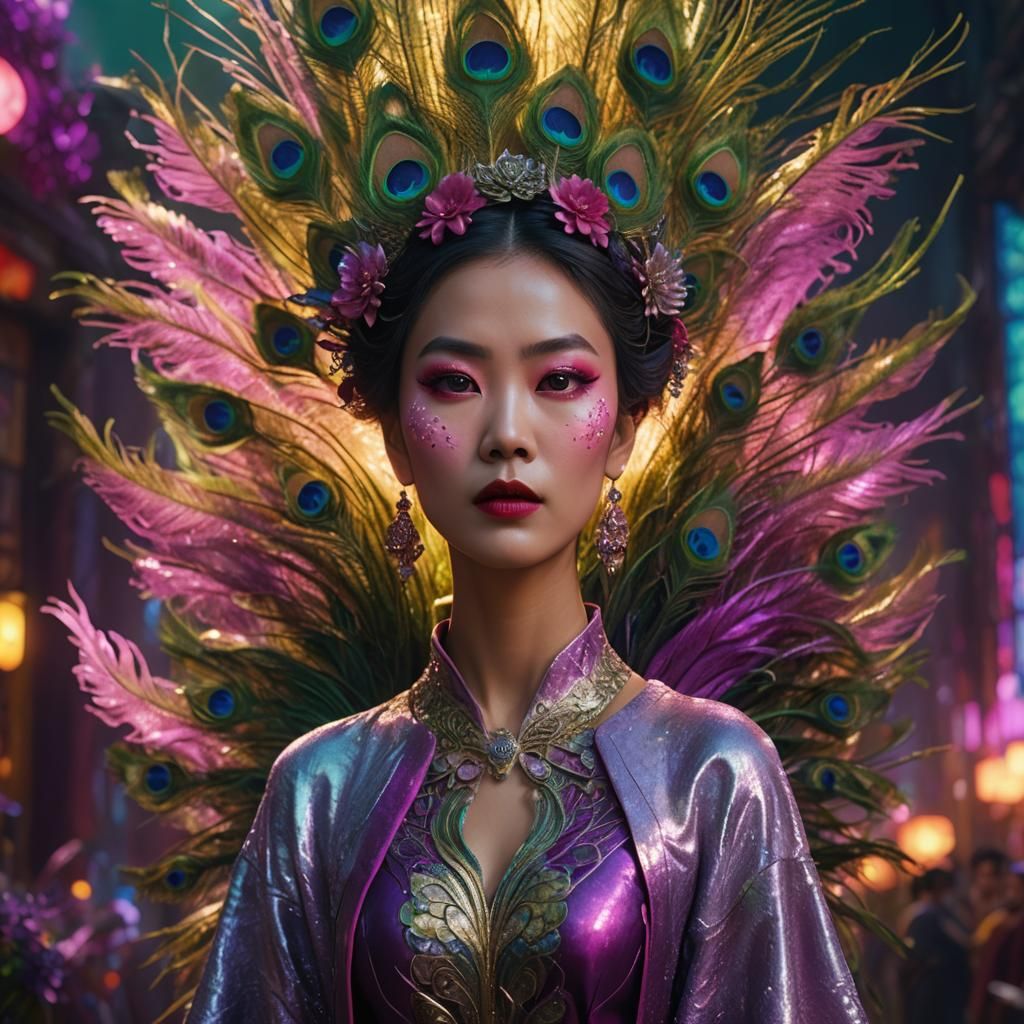 Exotic Asian Woman with Peacock Feathers: Digital Art