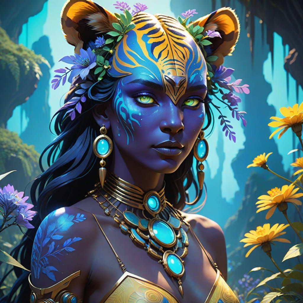 Surreal Navi Goddess in Iridescent Blue and Tiger Stripes