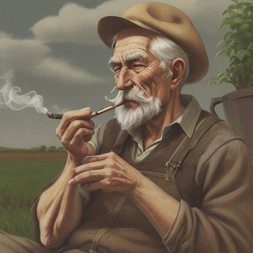 Old Farmer Smoking Pipe at His Farm