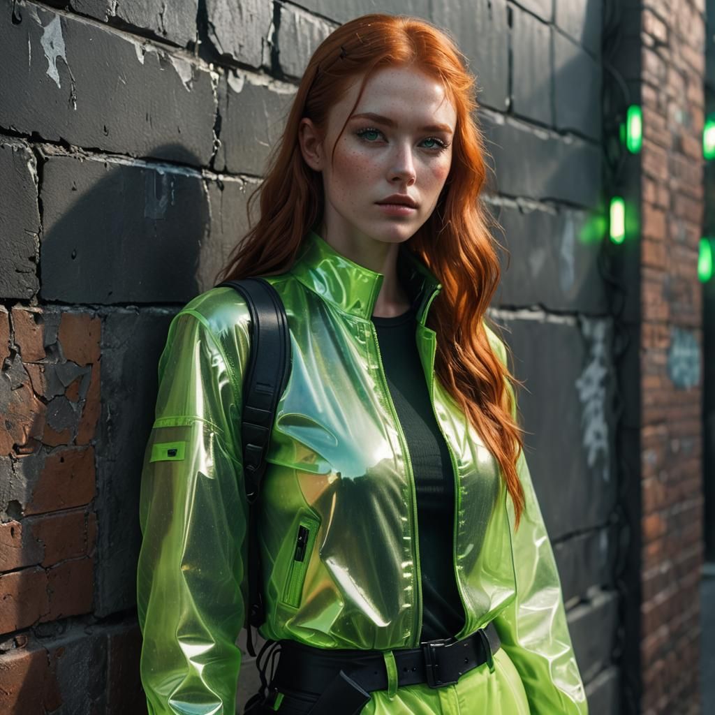 Cyberpunk Beauty Leans Against Neon Drenched City Wall