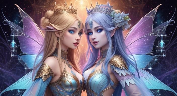 Twin Fairy Gold Queens in a Magical Realm