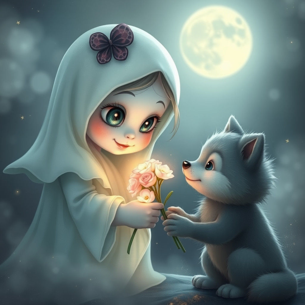 Luminescent Ghost Girl Offers Flowers to Werewolf