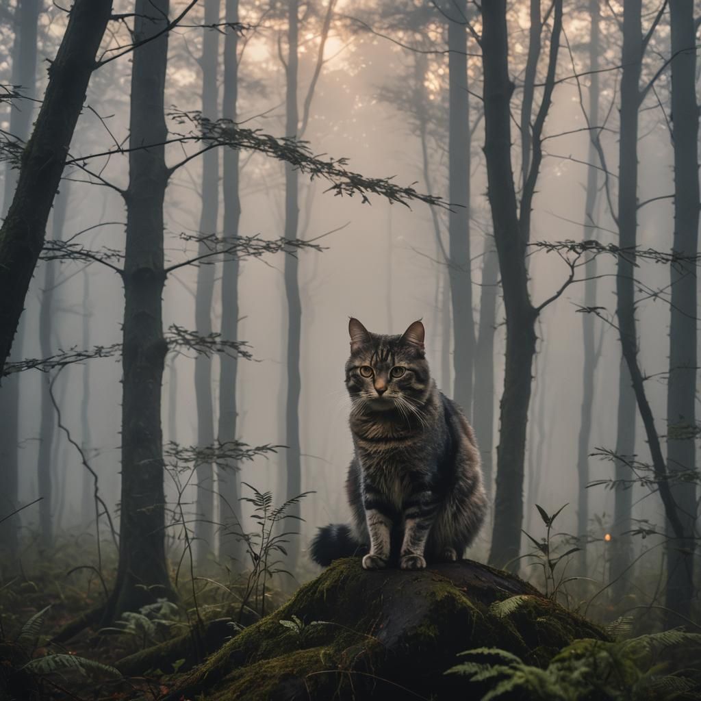 Cat in Foggy Forest at Twilight