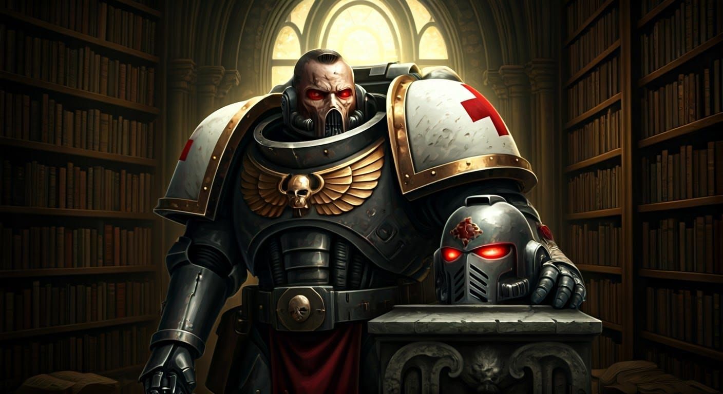 Space Marine Apothecary in Mystical Library, Dark Surrealism