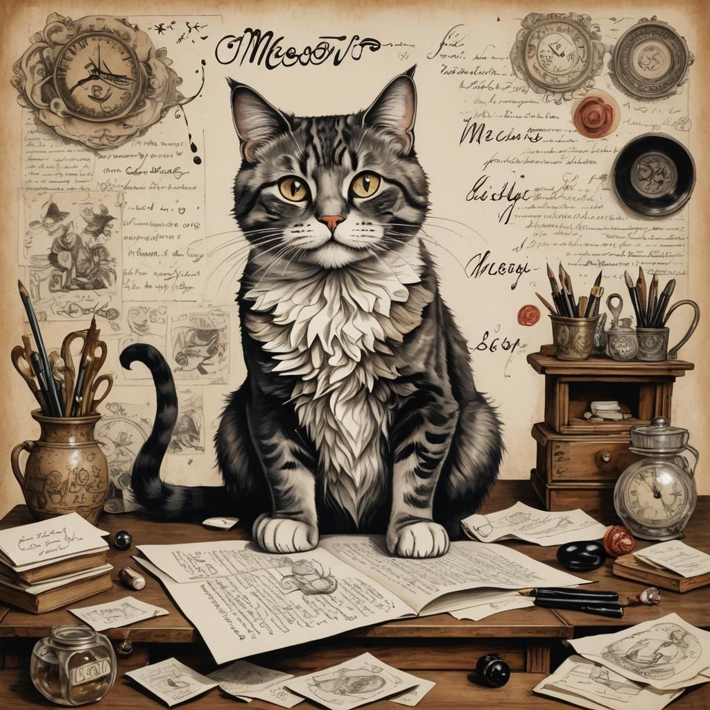 Whimsical Cat with Calligraphy "Meow" in Vintage Style