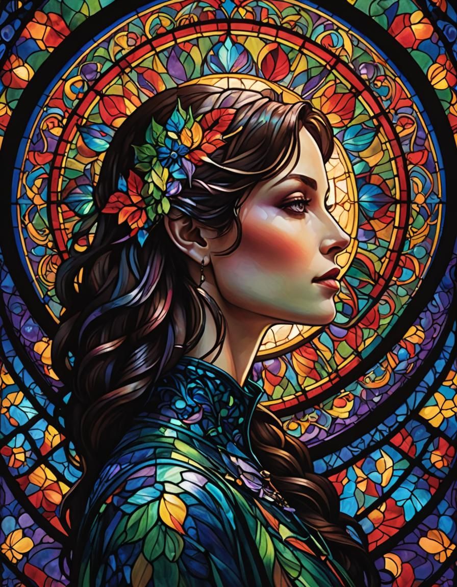 Silhouetted Woman with Rainbow Stained Glass