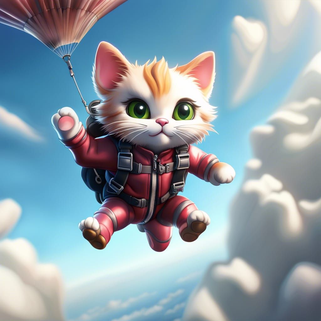 Chibi Cat Skydiving: Hyperrealistic Anime Portrait